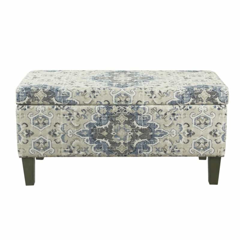 Medallion Print Fabric Upholstered Wooden Bench With Hinged Storage, Large, Blue And Cream
