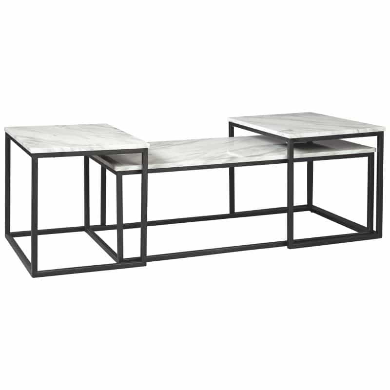 3 Piece Occasional Table, Metal Frame, Marble Top, White And Black