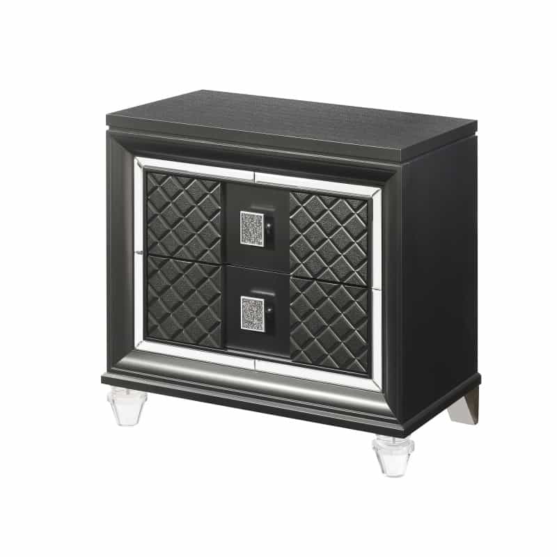 2 Drawer Wooden Nightstand With Mirror Accents And Diamond Pattern, Black
