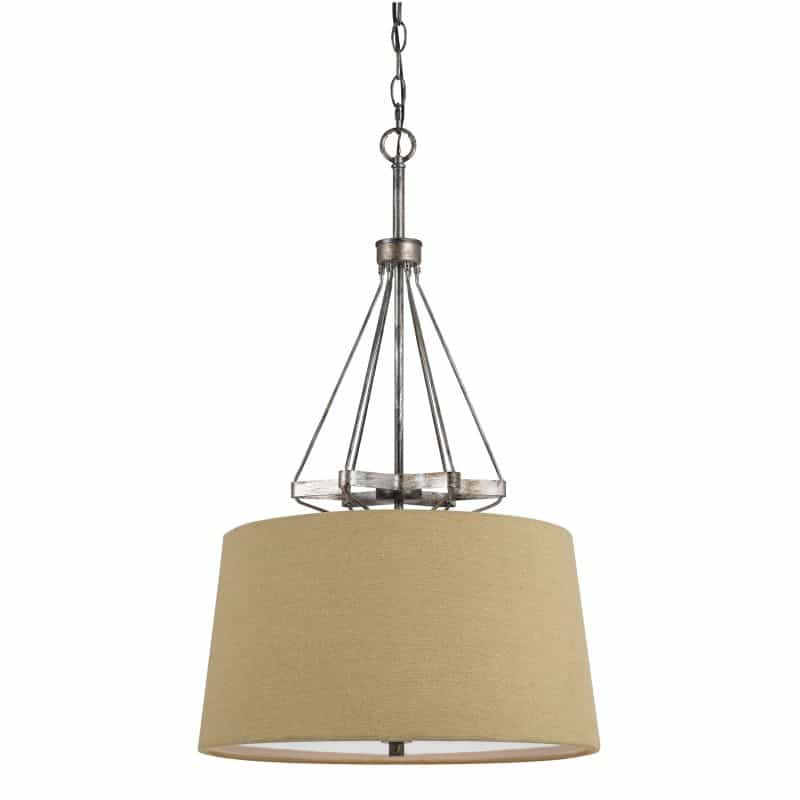 3 Bulb Pendent With Round Burlap Shade And Metal Frame, Beige