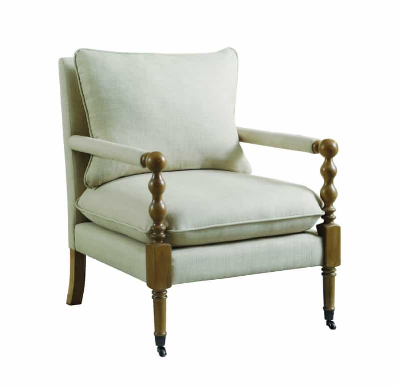 Fabric Upholstered Wooden Accent Chair With Manchette Armrest, Beige And Brown