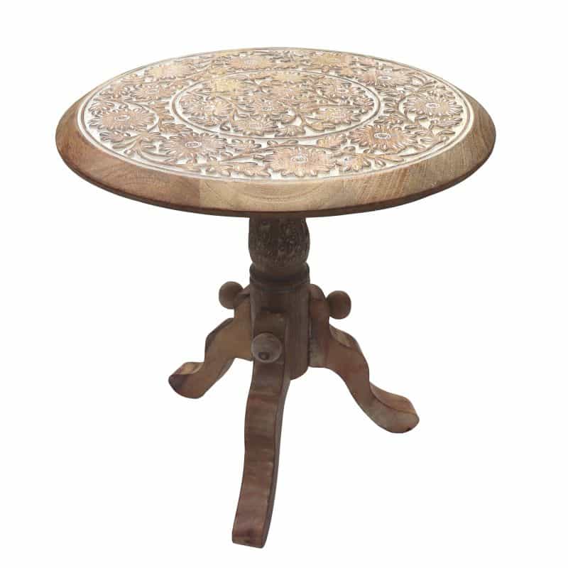 Intricately Carved Round Top Mango Wood Side End Table With Pedestal Base, Brown And White