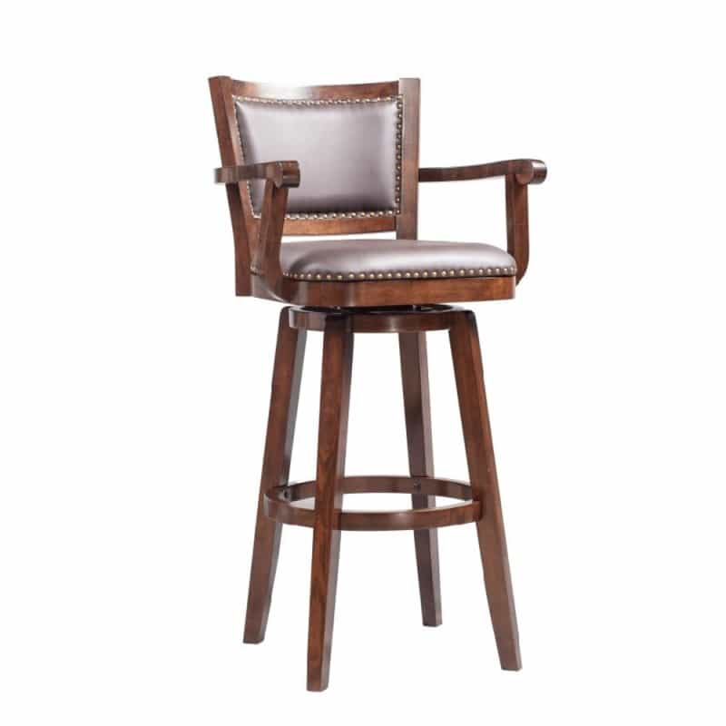 Nailhead Trim Faux Leather Upholstered Barstool With Wooden Arms, Dark Brown