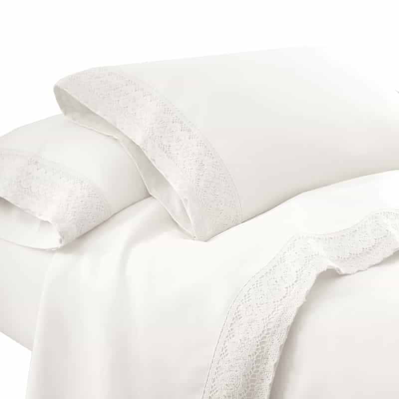 Udine 3 Piece Twin Size Sheet Set With Crochet Lace The Urban Port, White