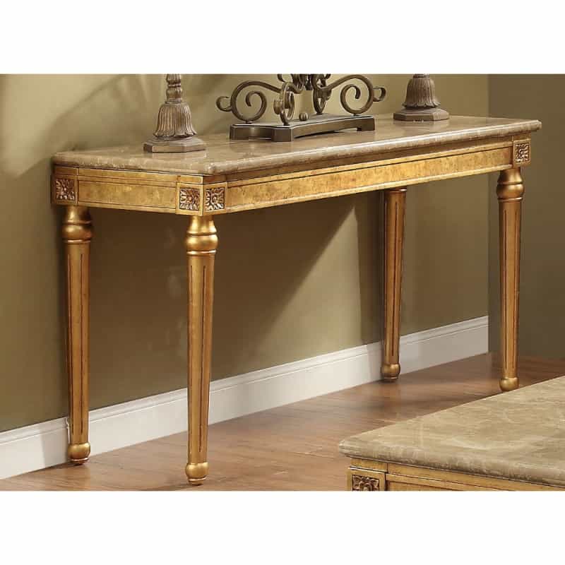 Marble Top Sofa Table With Fluted Detail Wooden Turned Legs, Gold