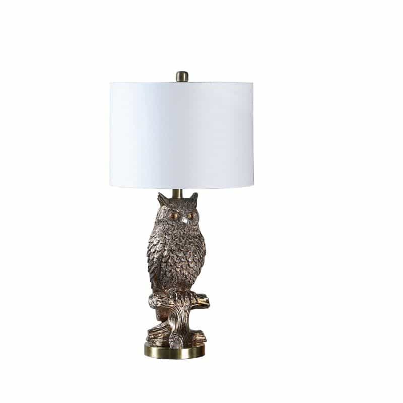 Polyresin Sitting Owl Design Table Lamp With Round Base, Silver