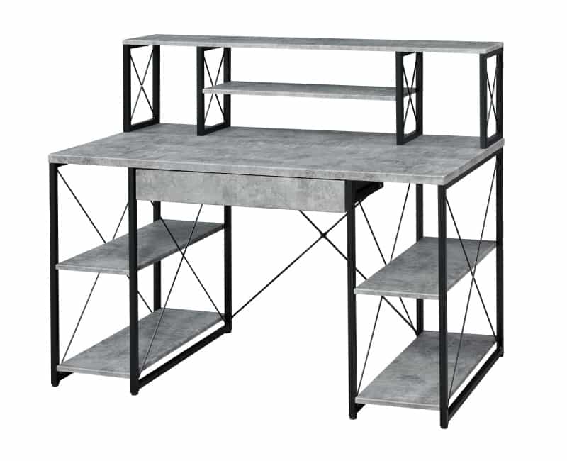 Metal Desk With 4 Open Bottom Shelves And Bookcase Hutch, Gray And Black