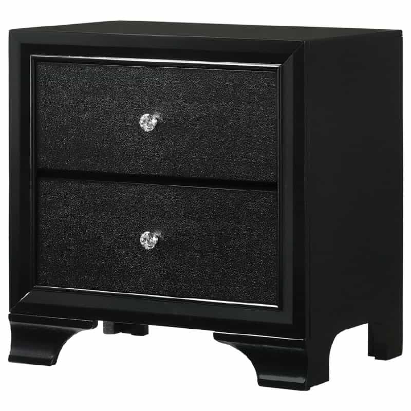 2 Drawer Wooden Nightstand With Textured Details And Crystal Pulls, Black