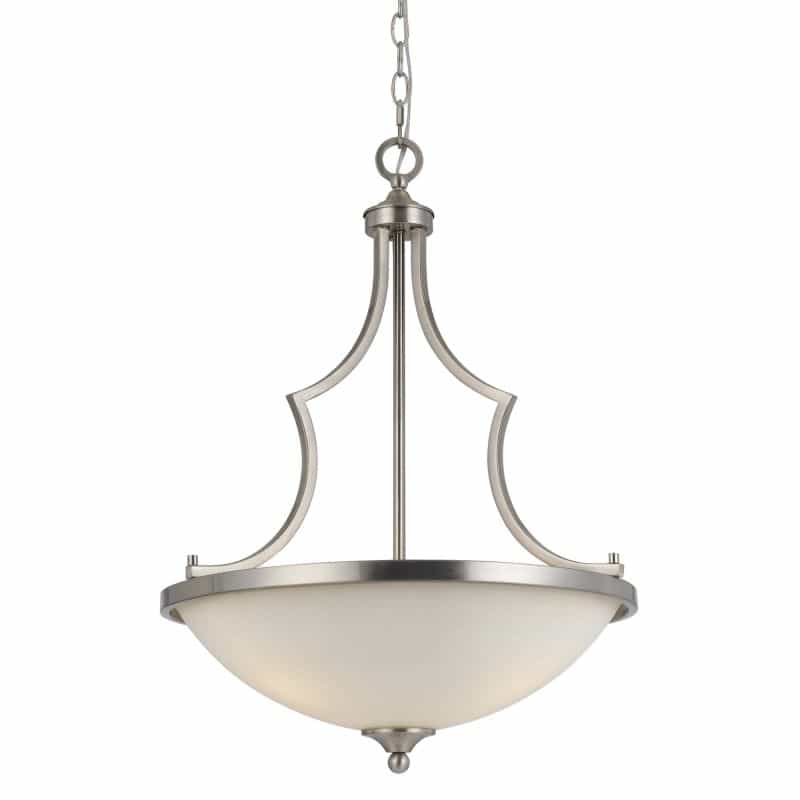 3 Bulb Bowl Style Glass Pendant Fixture With Metal Frame, Silver And White