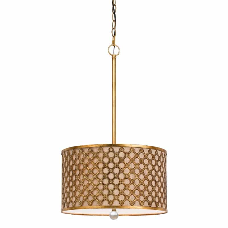 Fabric And Metal Pendant With Geometric And Embossed Floral Design, Gold