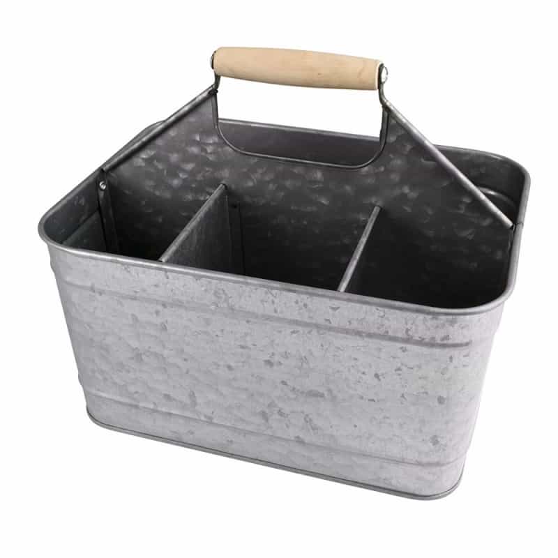 Metal Caddy Serveware With Mango Wood Handle, Rustic Galvanized Gray