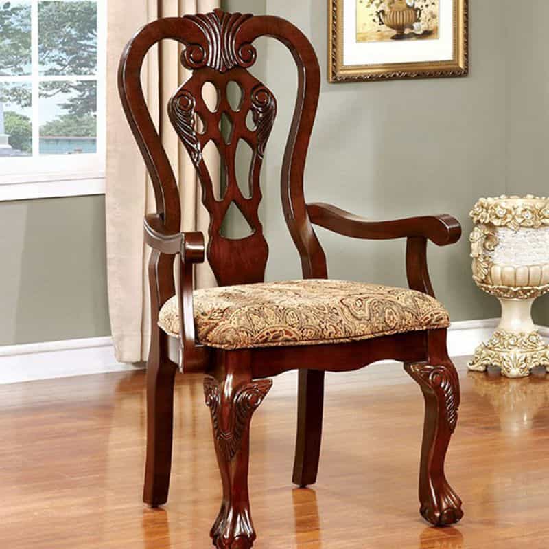 Elana Traditional Arm Chair With Fabric, Brown Cherry Finish, Set Of 2