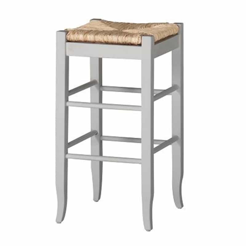 Square Wooden Frame Barstool With Hand Woven Rush, White And Brown