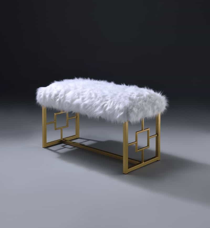 Modern Style Faux Fur Upholstered Bench With Geometrical Side Panels, White And Gold