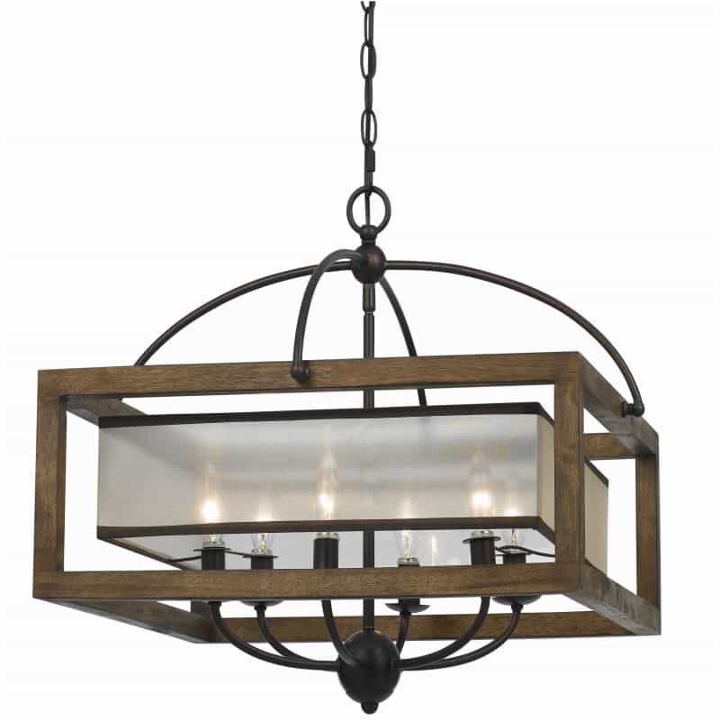 6 Bulb Square Chandelier With Wooden Frame And Organza Striped Shade, Brown