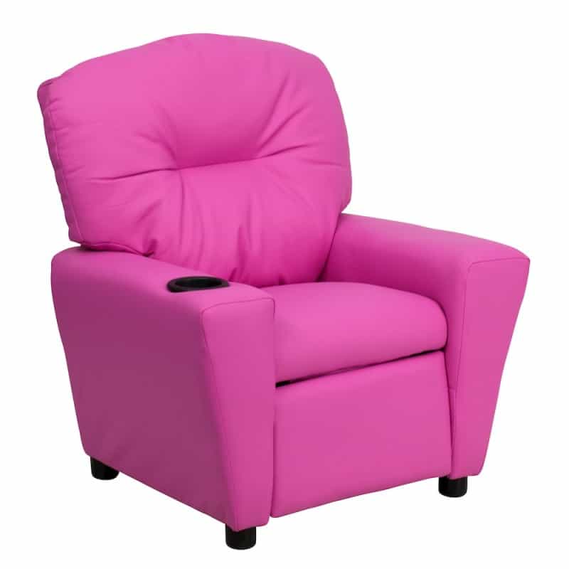 Contemporary Hot Pink Vinyl Kids Recliner With Cup Holder