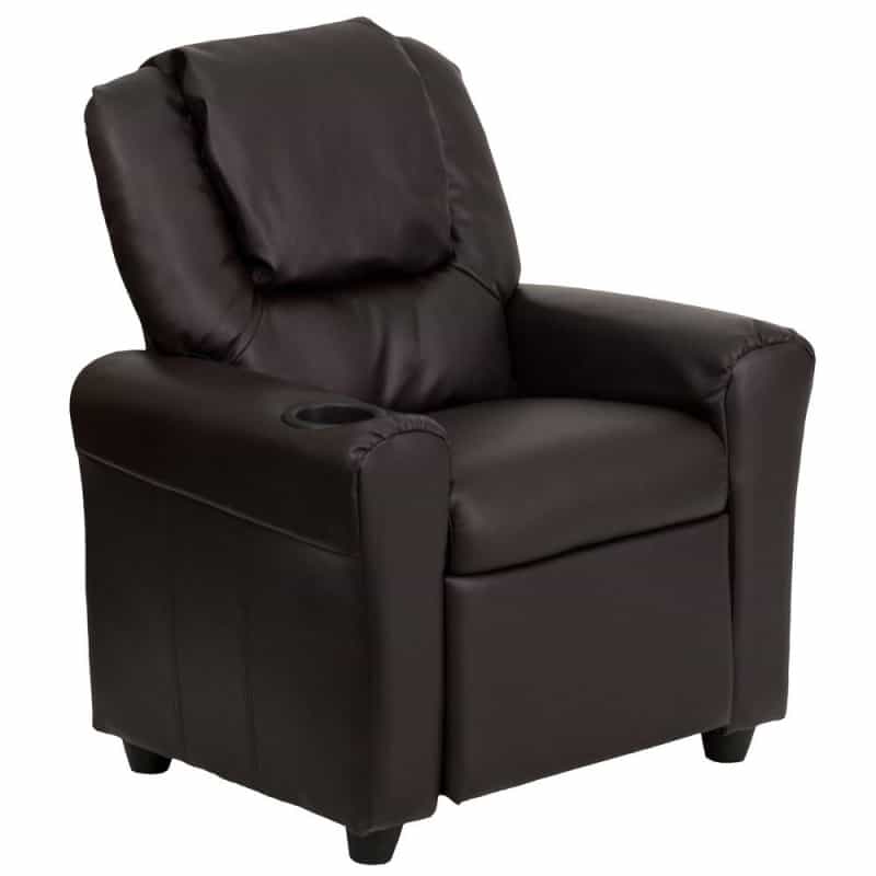 Contemporary Brown Leathersoft Kids Recliner With Cup Holder And Headrest