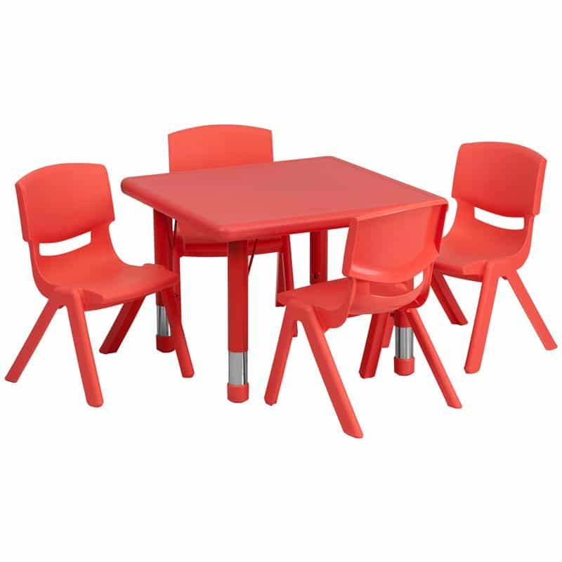 24'' Square Red Plastic Height Adjustable Activity Table Set With 4 Chairs
