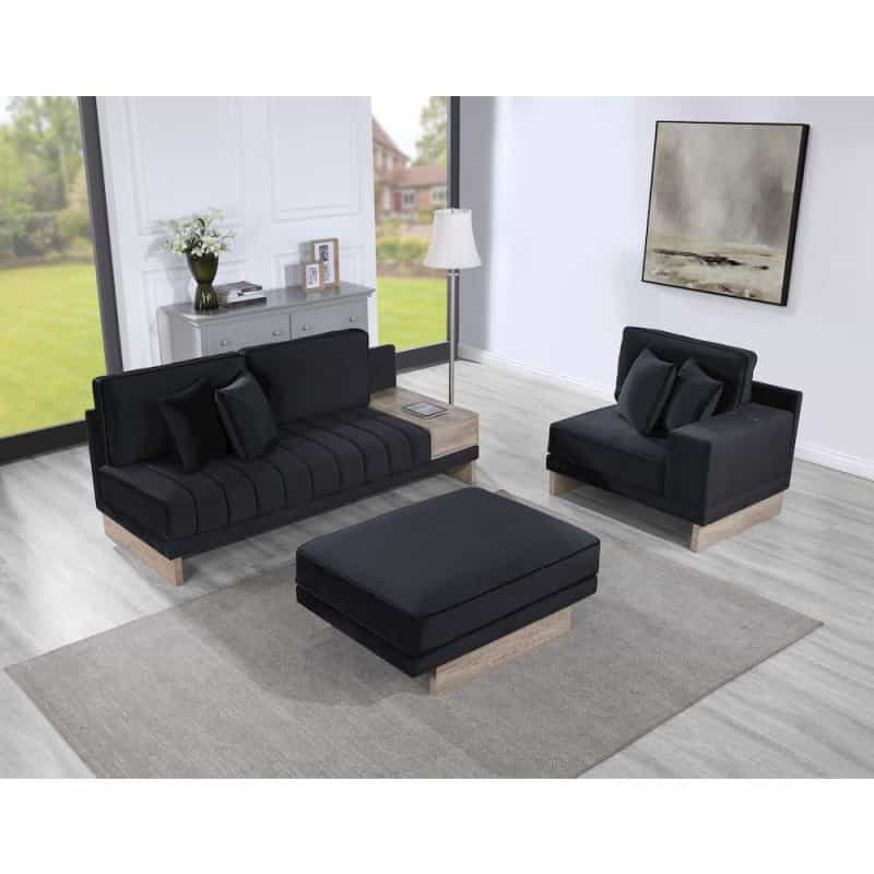 Memphis 122.5"W Black Velvet Reversible Sectional Sofa Ottoman