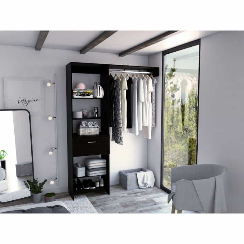 Depot E-Shop Dynamic Closet System, Five Open Shelves, One Drawer, One Metal Rod-Black, For Bedroom
