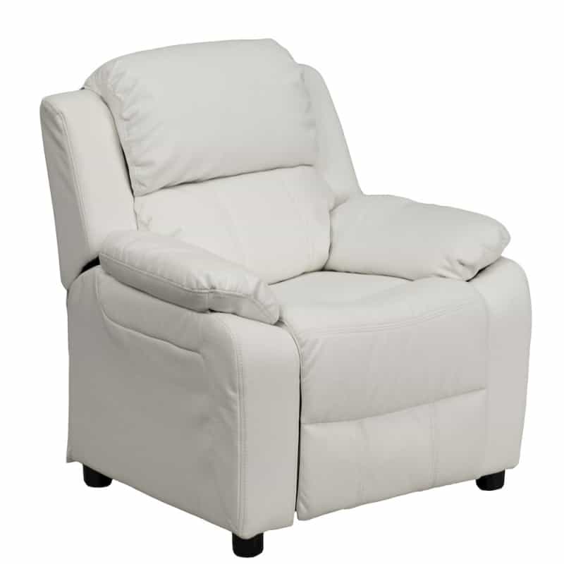 Deluxe Padded Contemporary White Vinyl Kids Recliner With Storage Arms