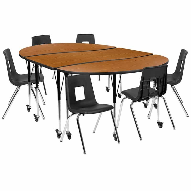 Mobile 86" Oval Wave Activity Table Set With 18" Student Stack Chairs, Oak/Black
