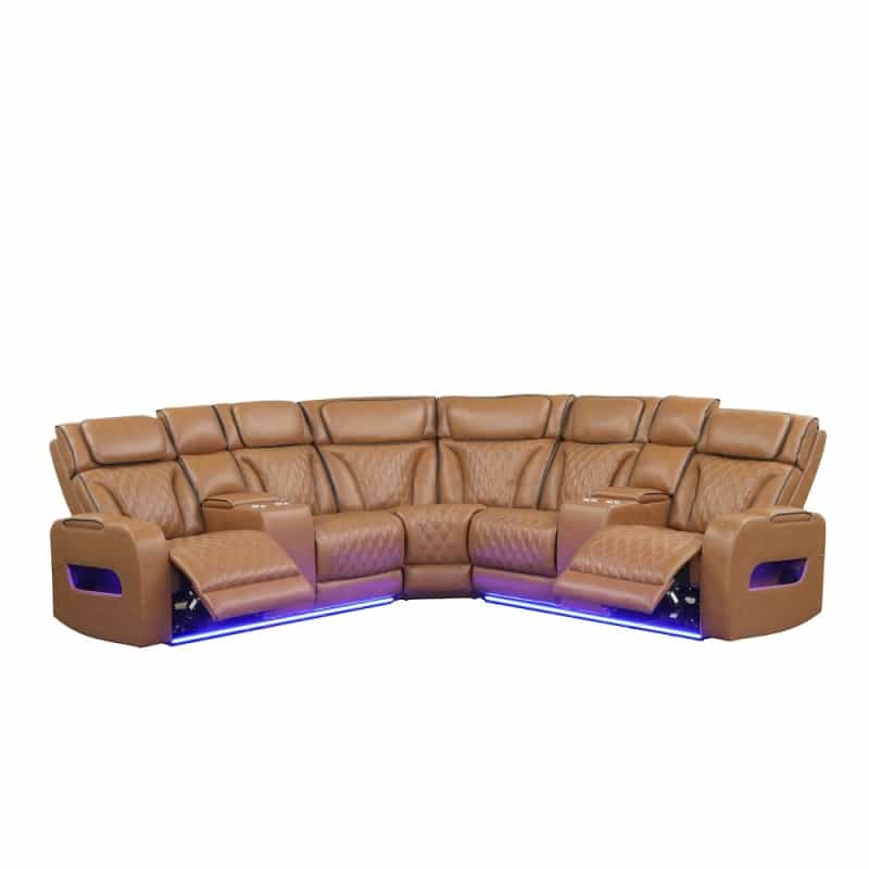 116" Light Brown Leather Aire Transformer Power Reclining Sectional Sofa