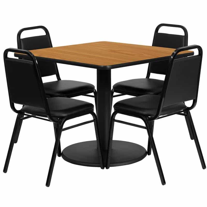 36'' Natural Table Set With Base And 4 Black Trapezoidal Back Banquet Chairs