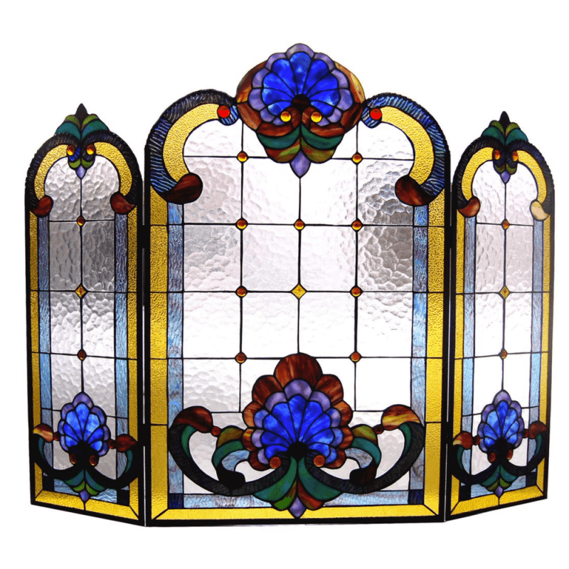 Tiffany-Glass 3Pcs Folding Victorian Fireplace Screen 40" Wide