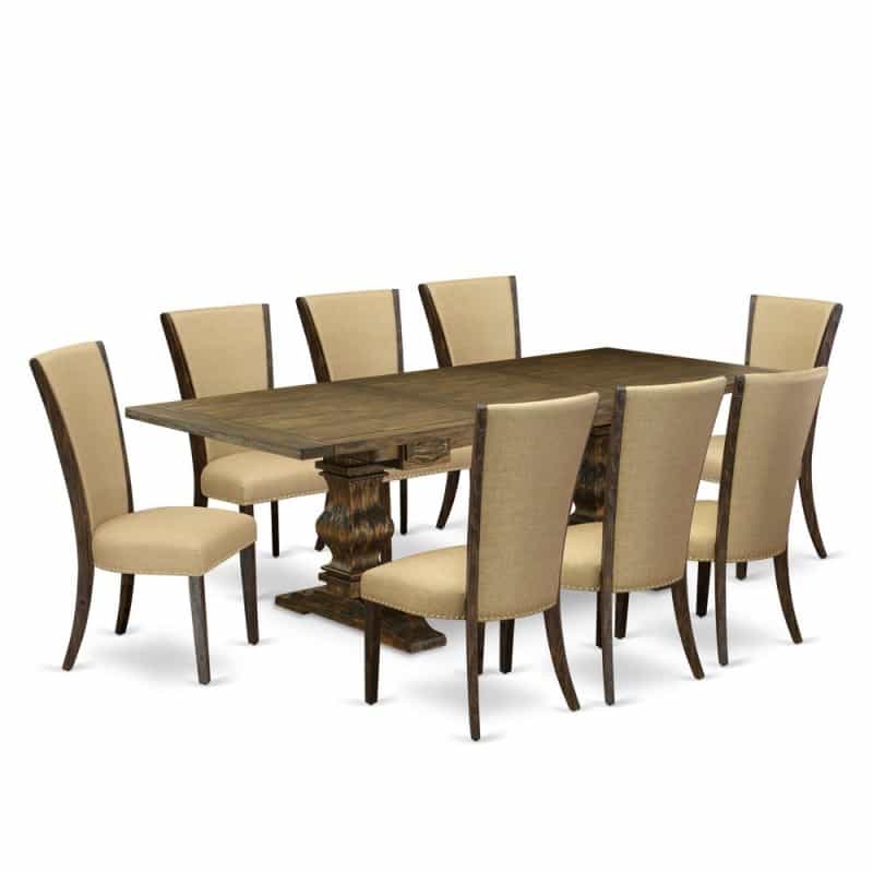 East West Furniture Lave9-77-03 9Pc Dining Table Set Consists Of A Kitchen Table And 8 Parsons Dining Room Chairs With Brown Color Linen Fabric, Distressed Jacobean Finish