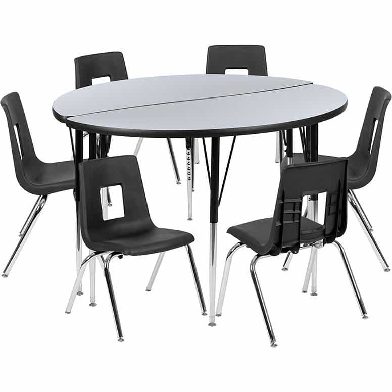 47.5" Circle Wave Activity Table Set With 16" Student Stack Chairs, Grey/Black
