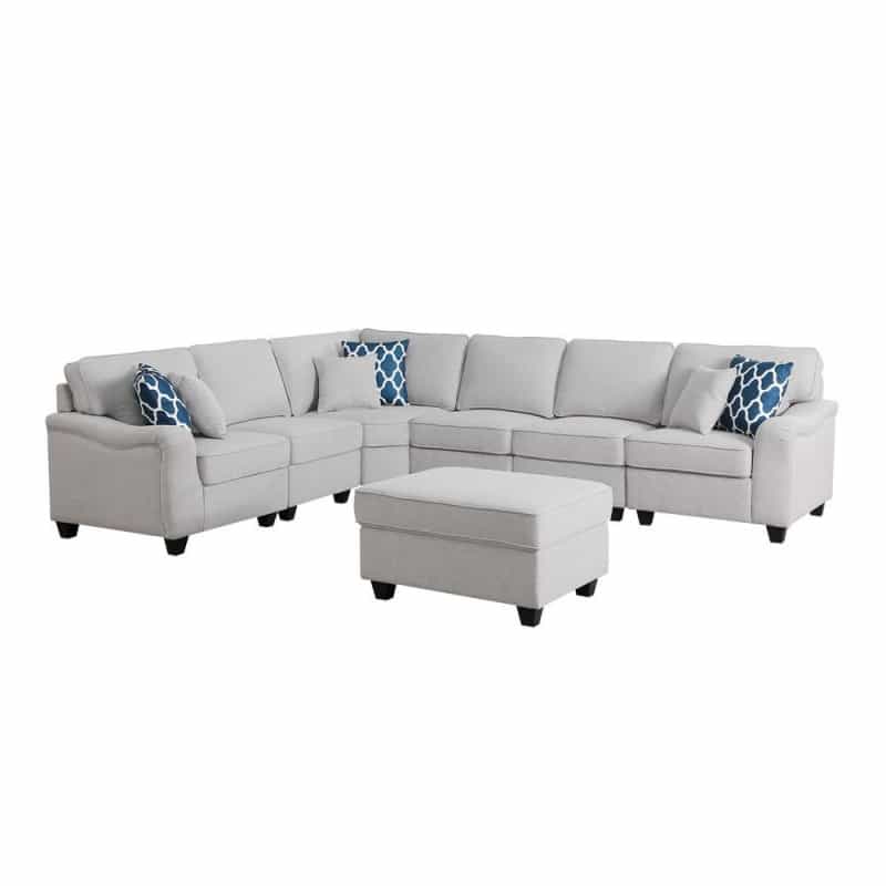 Leo Light Gray Linen 7Pc Modular L-Shape Sectional Sofa And Ottoman