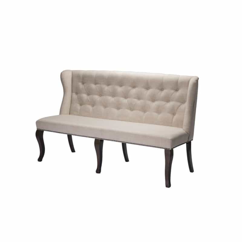 Classic Upholstered Bench In Linen Fabric W/Tufted Style Back & Nailhead Trim, Beige