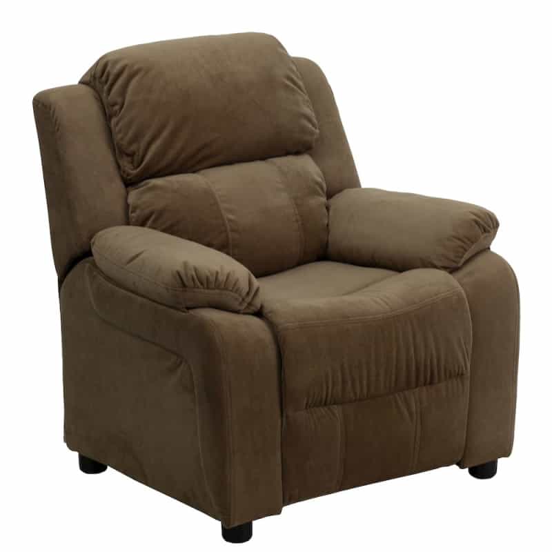 Deluxe Padded Contemporary Brown Microfiber Kids Recliner With Storage Arms