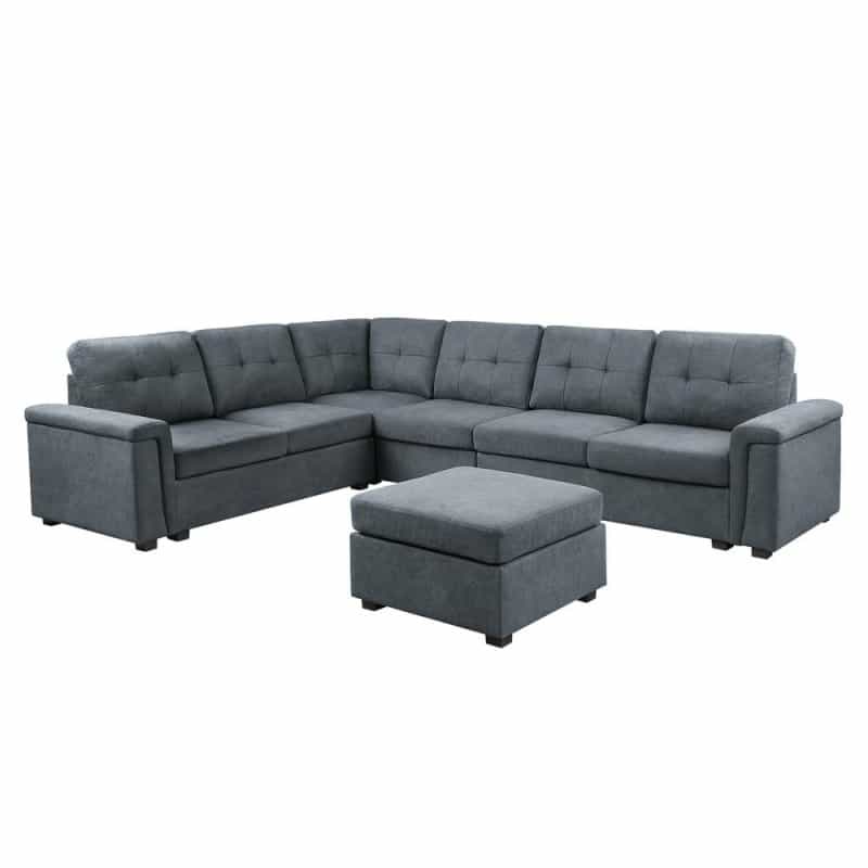 Isla Gray Woven Fabric - 7-Seater Sectional Sofa With Ottoman