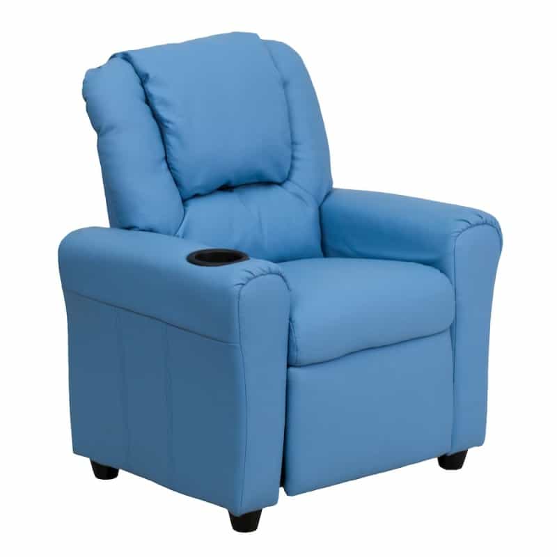 Contemporary Light Blue Vinyl Kids Recliner With Cup Holder And Headrest