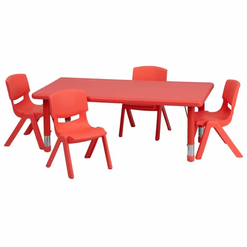 24''W X 48''L Red Plastic Height Adjustable Activity Table Set With 4 Chairs