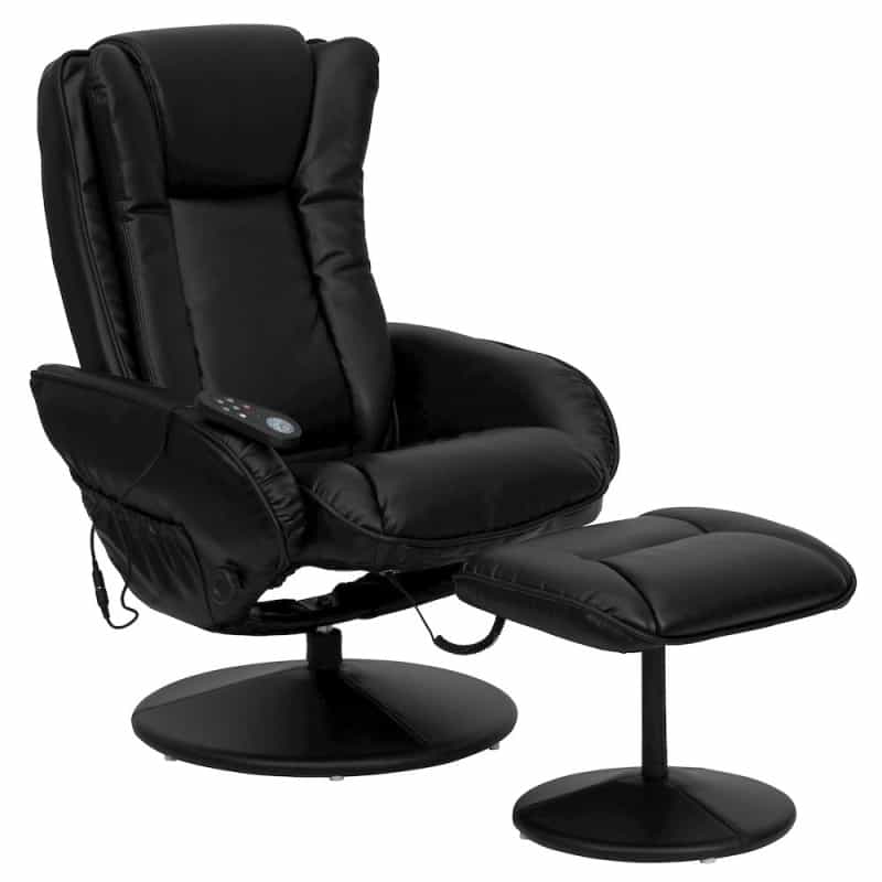 Massaging Plush Recliner With Side Pocket And Ottoman In Black Leathersoft