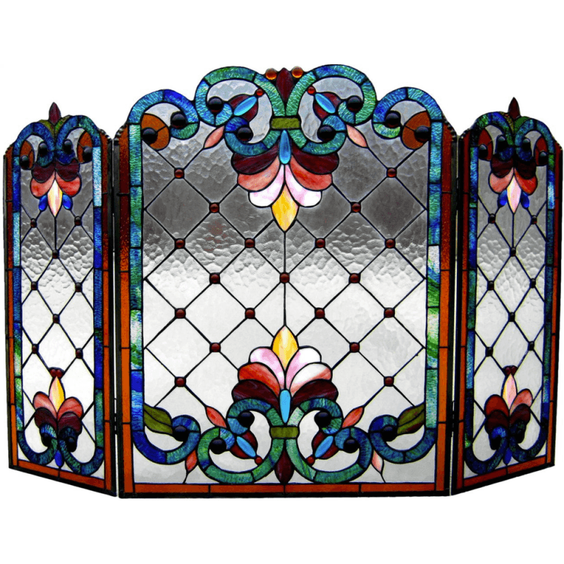 Tiffany-Glass 3Pcs Folding Victorian Fireplace Screen 44" Wide
