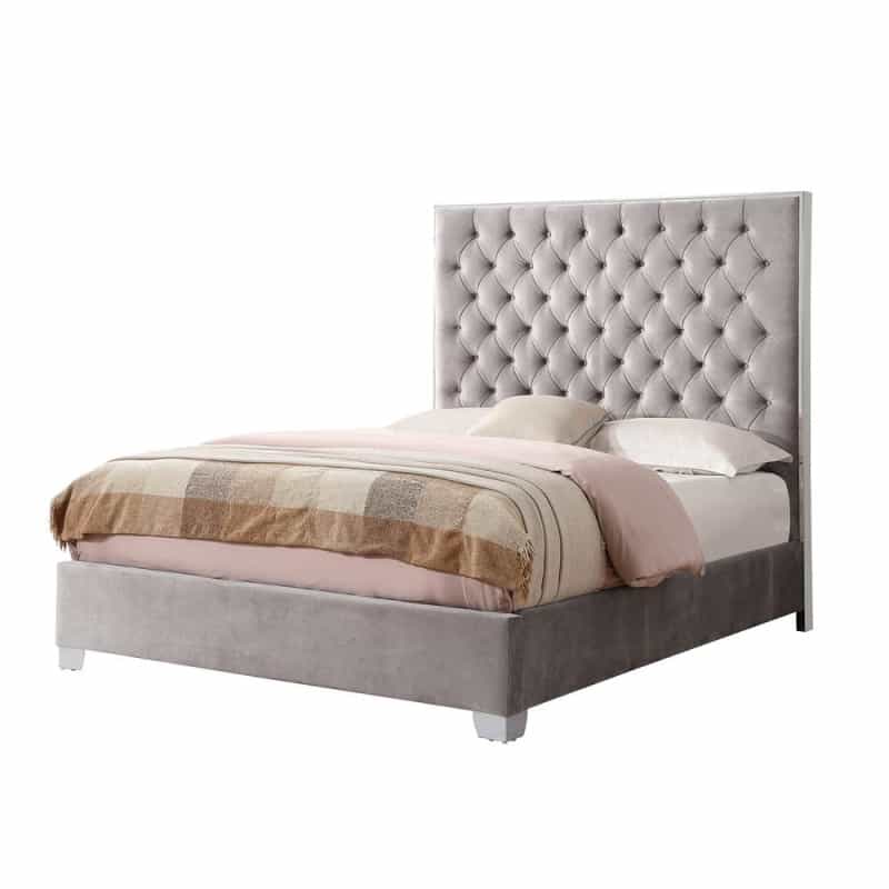 Queen Upholstered Bed With Velvet Fabric, Chrome Trim, Button Tufted Headboard