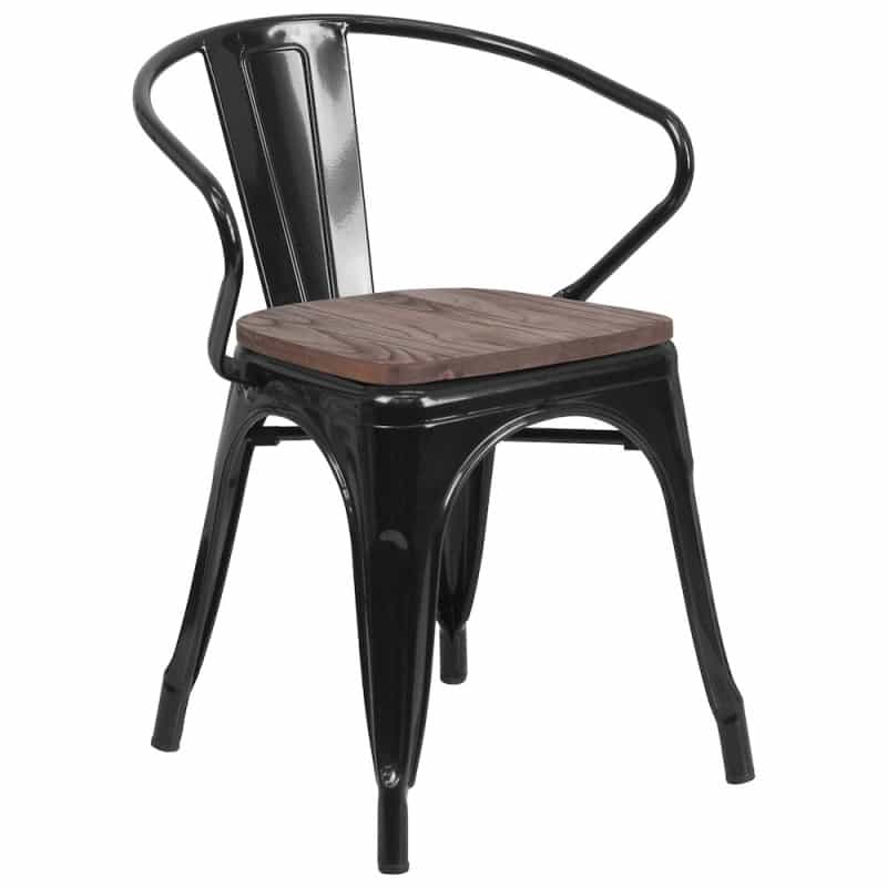 Black Metal Chair With Wood Seat And Arms
