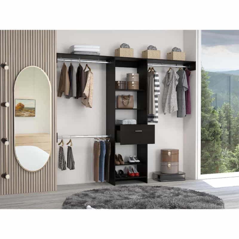Depot E-Shop Brisk Closet System, One Drawer, Three Metal Rods, Five Open Shelves-Black, For Bedroom