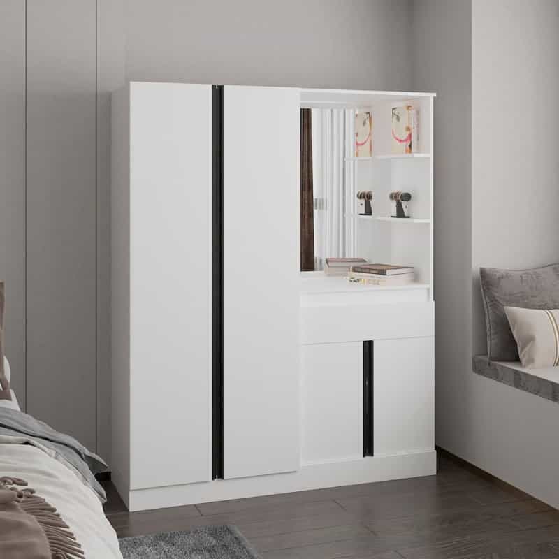 Everson Armoire, 4 Doors, 1 Drawer, 5 Shelves, 1 Mirror, White