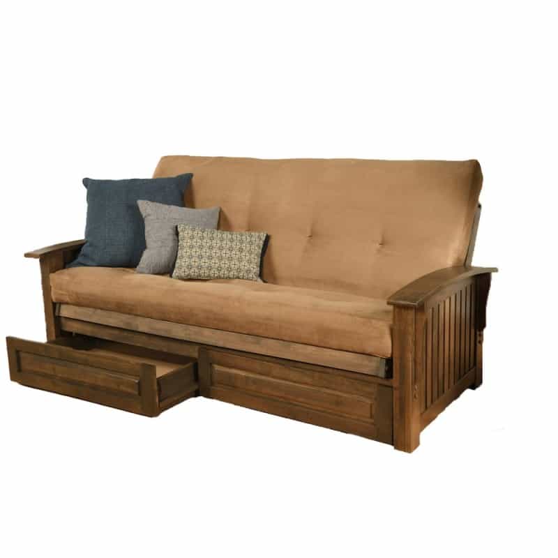 Washington Frame-Rustic Walnut Finish-Suede Peat Mattress-Storage Drawers