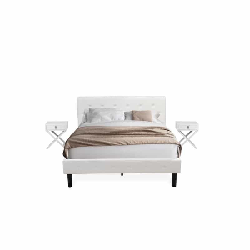 Nl19q-2Ha05 3 Pc Queen Bedroom Set - 1 Queen Bed White Velvet Fabric Headboard And 2 Wood Nightstand - White Finish Nightstand