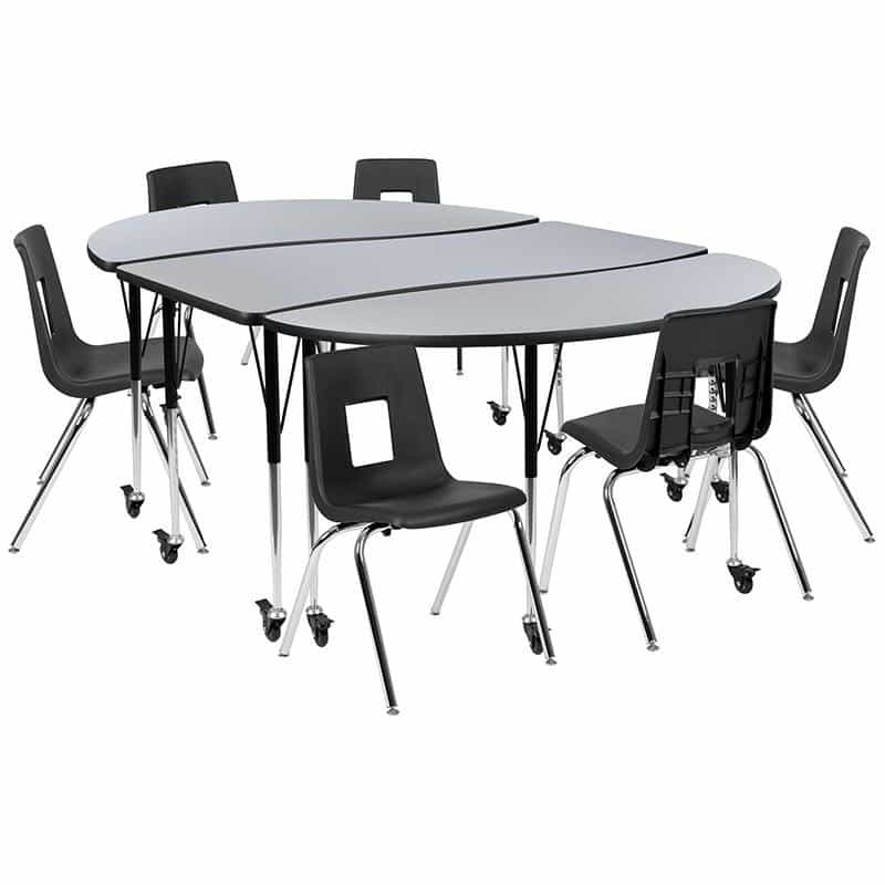 Mobile 86" Wave Activity Table Set With 18" Student Stack Chairs, Grey/Black