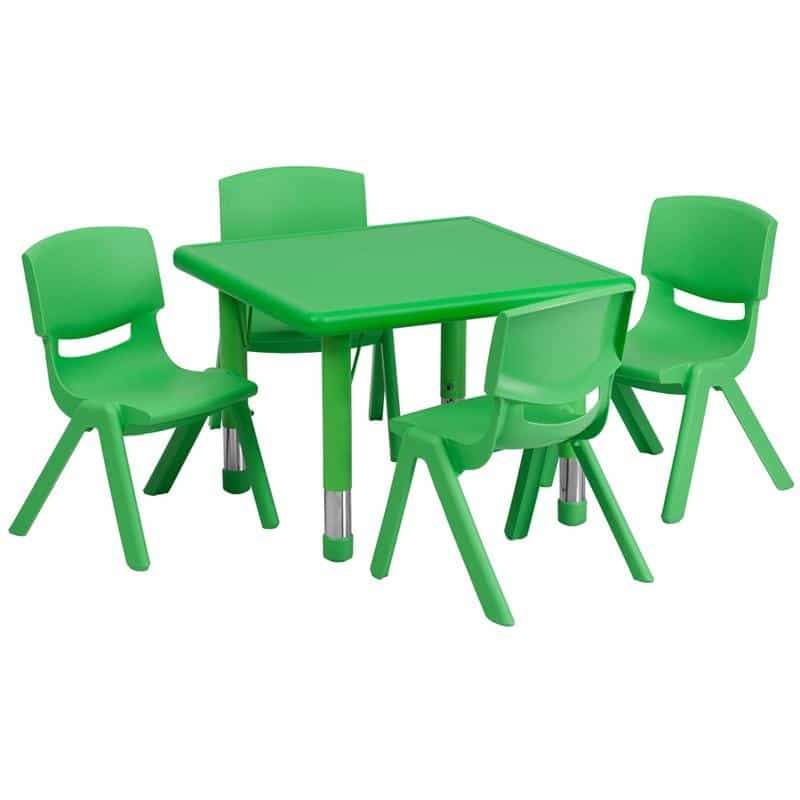 24'' Square Green Plastic Height Adjustable Activity Table Set With 4 Chairs