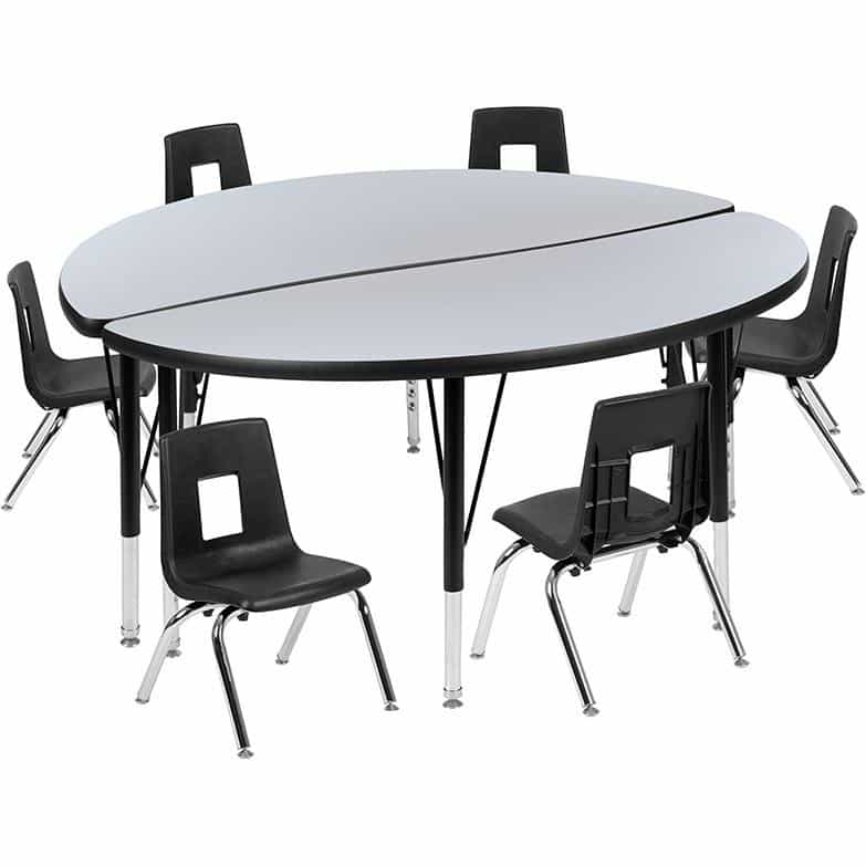 47.5" Circle Wave Activity Table Set With 12" Student Stack Chairs, Grey/Black