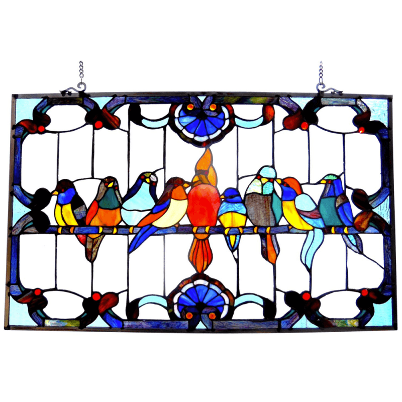 Tiffany-Glass Featuring Gathering Birds Window Panel 32X20