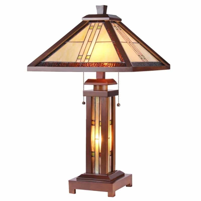 Earle Tiffany-Style Mission 3 Light Double Lit Wooden Table Lamp 15" Shade